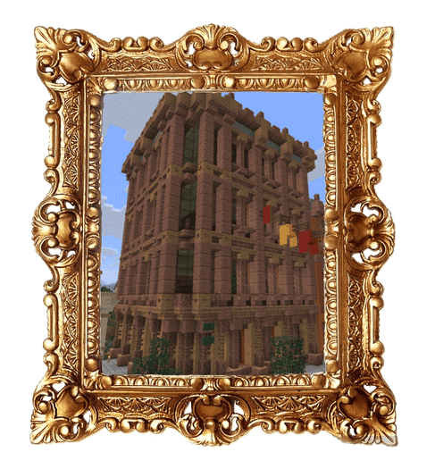 A minecraft building in the style of an early 20th century big American city, at the corner of an intersection. It is pale orange and brown. The screenshot is inside a painting frame