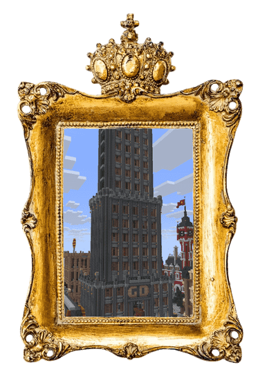 A minecraft skyscraper in the style of an early 20th century big American city. It is gray with pale red around the windows. The tip of the building isn't visible on the image. The screenshot is inside a painting frame with a carved crown on top