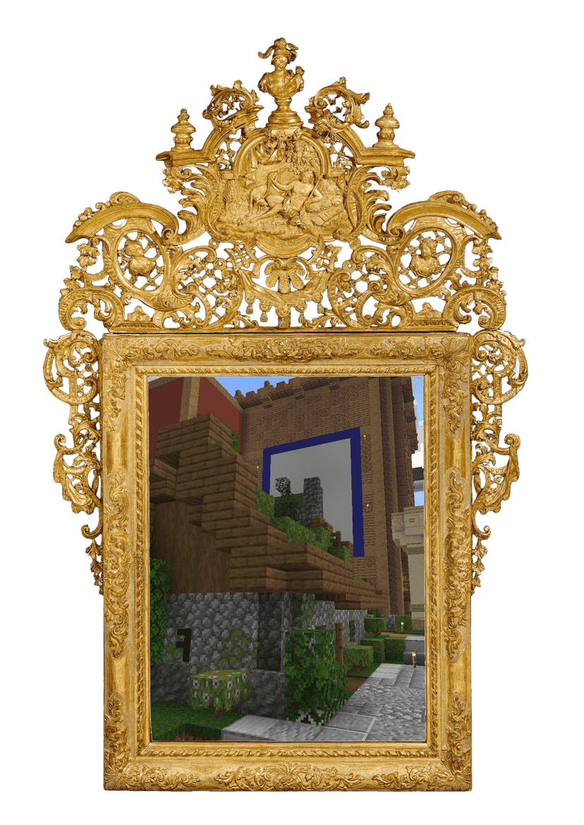 A small minecraft stone hutt, with a mossy roof made of wood. It is surrounded by a large city. The screenshot is inside a painting frame with intricate gold decorations on top