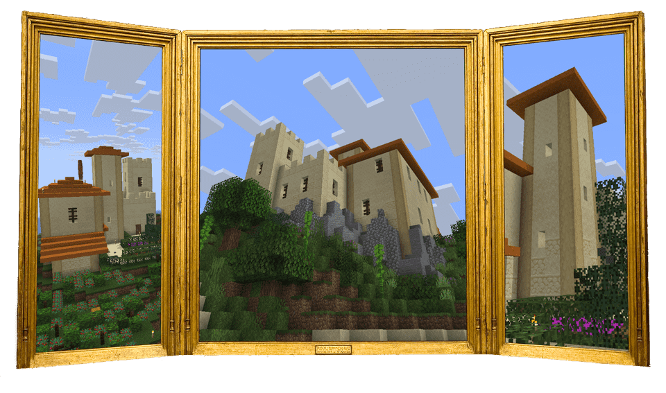 Three screenshots of a minecraft castle, displayed on three different panels, framed like a renaissance painting. The castle is beige with red roofing. It stands on a cliff surrounded by the sea on one side and forest on the other. It has a garden and a vineyard