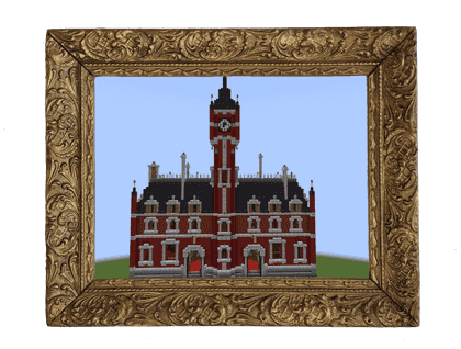 A minecraft buiding in the style of north-western historical buildings. It is red and has a black roof. It has a clock tower in the center and two large doors on either side. The screenshot is inside a painting frame
