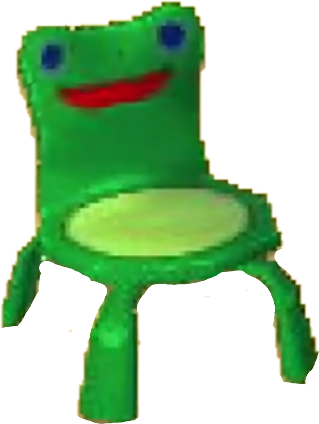 A green chair from animal crossing meant to look like a frog.