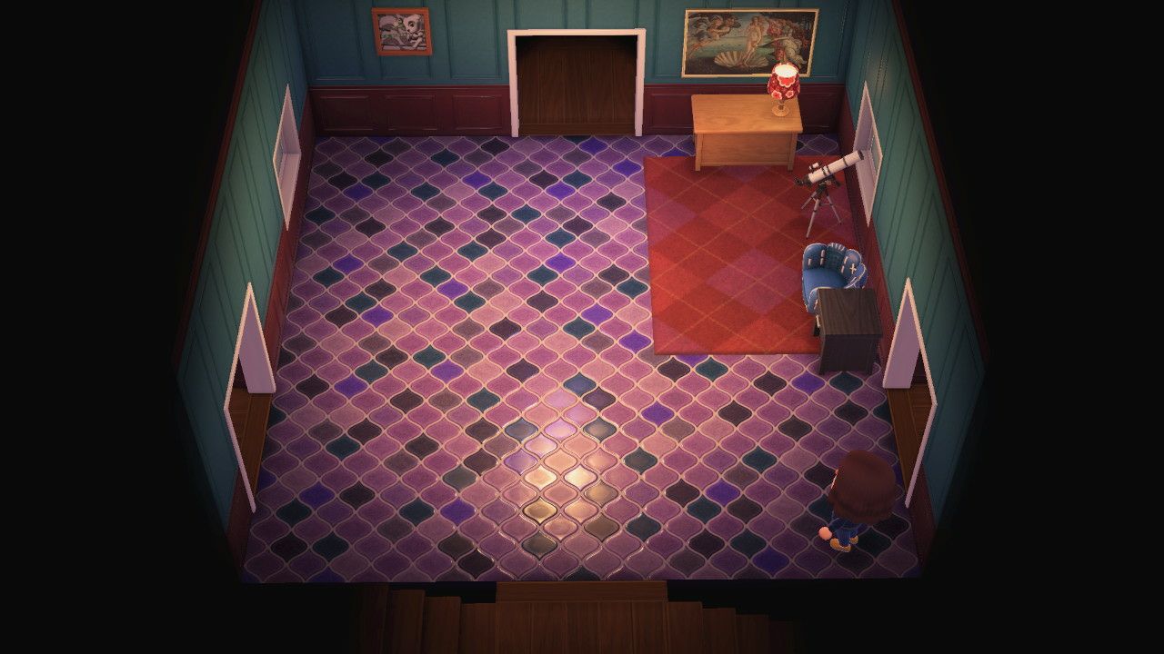 A blue and purple room from Animal Crossing new horizons. It has exits to the back, the left, the right and stairs going up and down