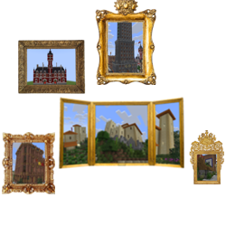 A collection of 5 screenshots of Minecraft buildings inside of painting frames