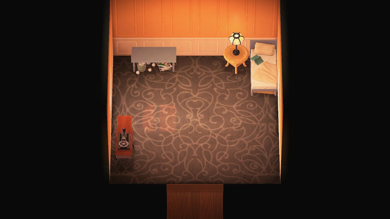 A yellow and brown room from Animal Crossing new horizons. It has a bed with a bedside table and lamp as well as a table and a sewing machine. There is an door at the bottom of the image